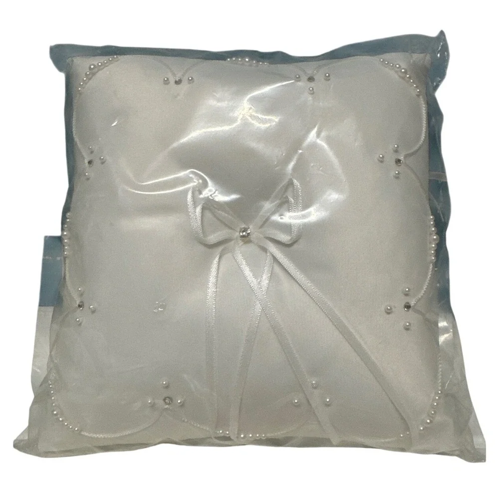 White Satin Ring Bearer Pillow‎ Wedding Ceremony Pearls Rhinestone Bow